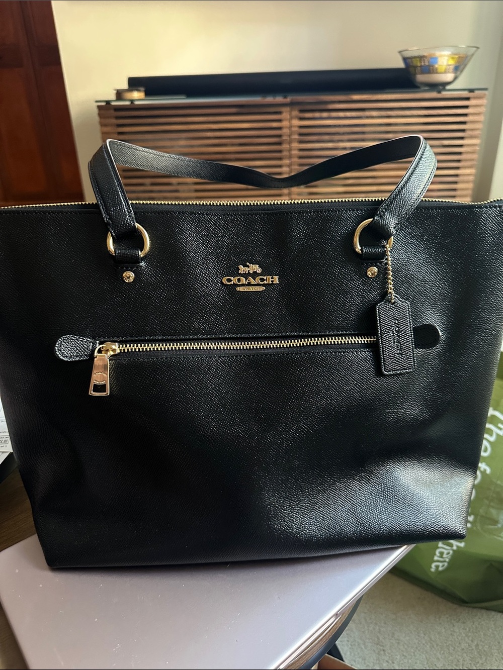 Coach Black Leather Tote with Gold Hardware
